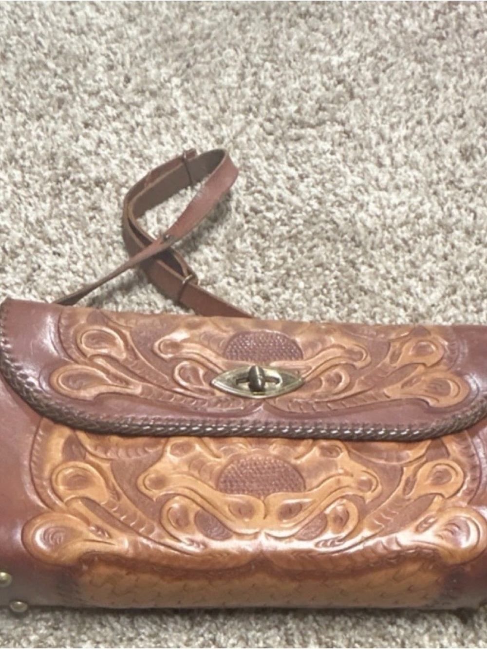 Artisan Tooled Brown Leather Crossbody Bag with Turn-Lock